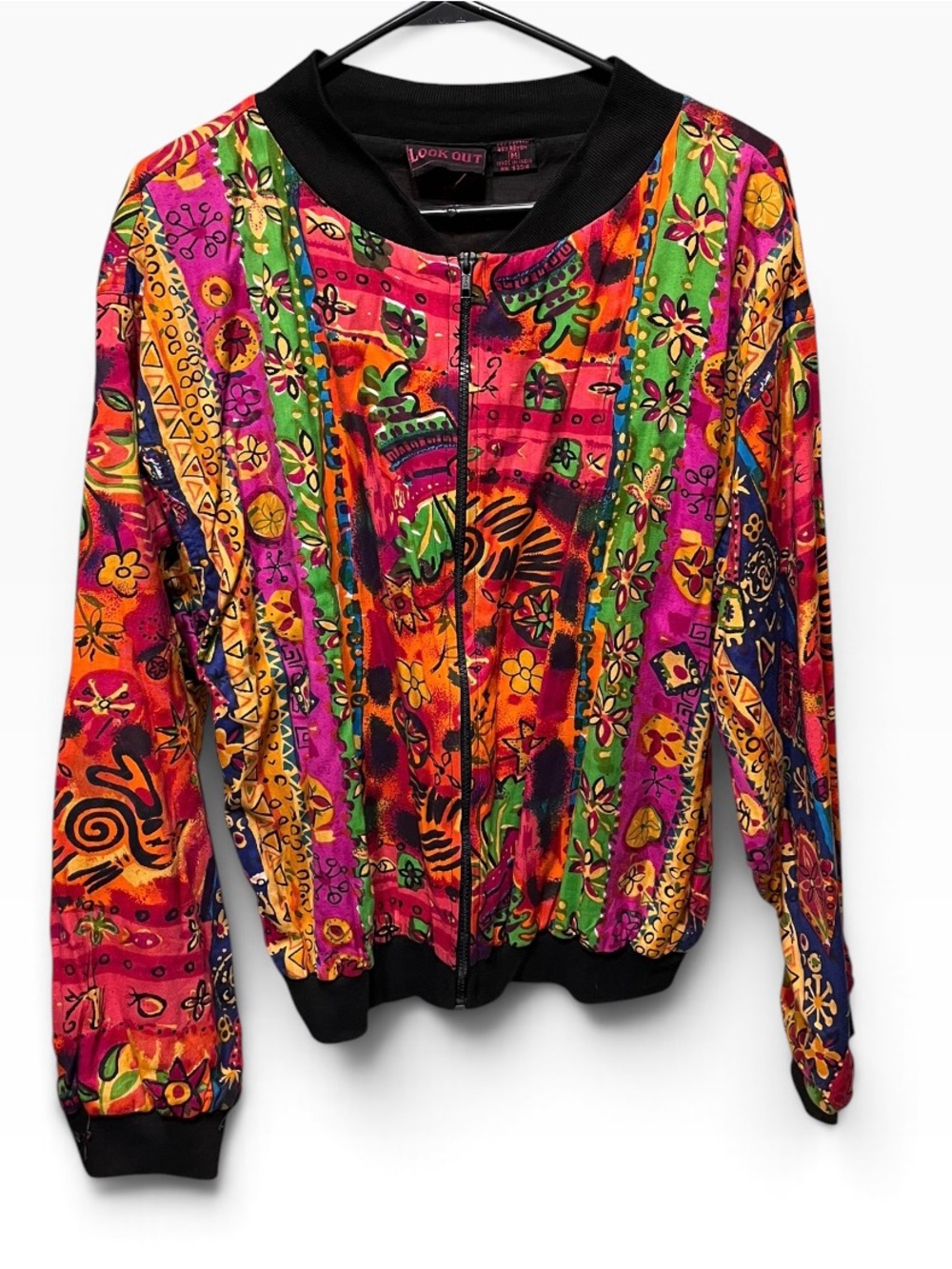 ✨ VTG 80s 90s Look Out Abstract Patchwork Bomber Jacket M ✨